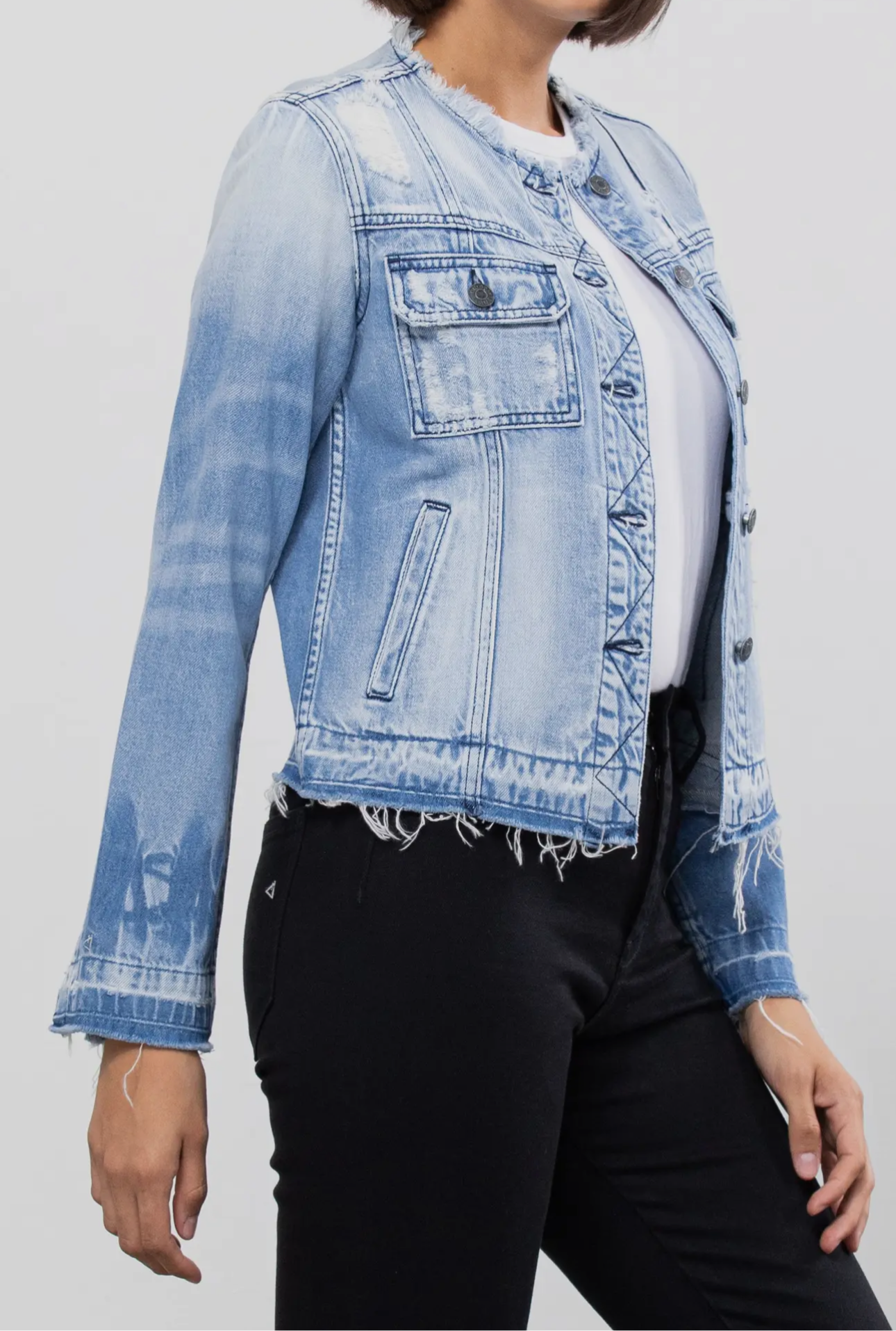 Collarless Denim Jacket w 3/4 Sleeve