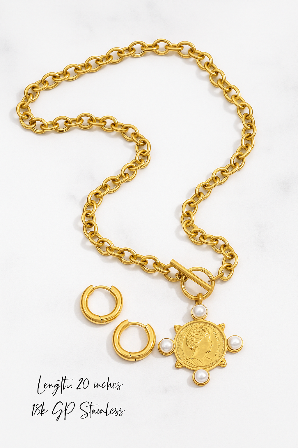 Coin & Pearl Medallion Necklace - Stainless Steel