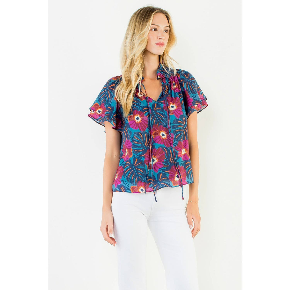 Fluttered Floral Tie Front Top