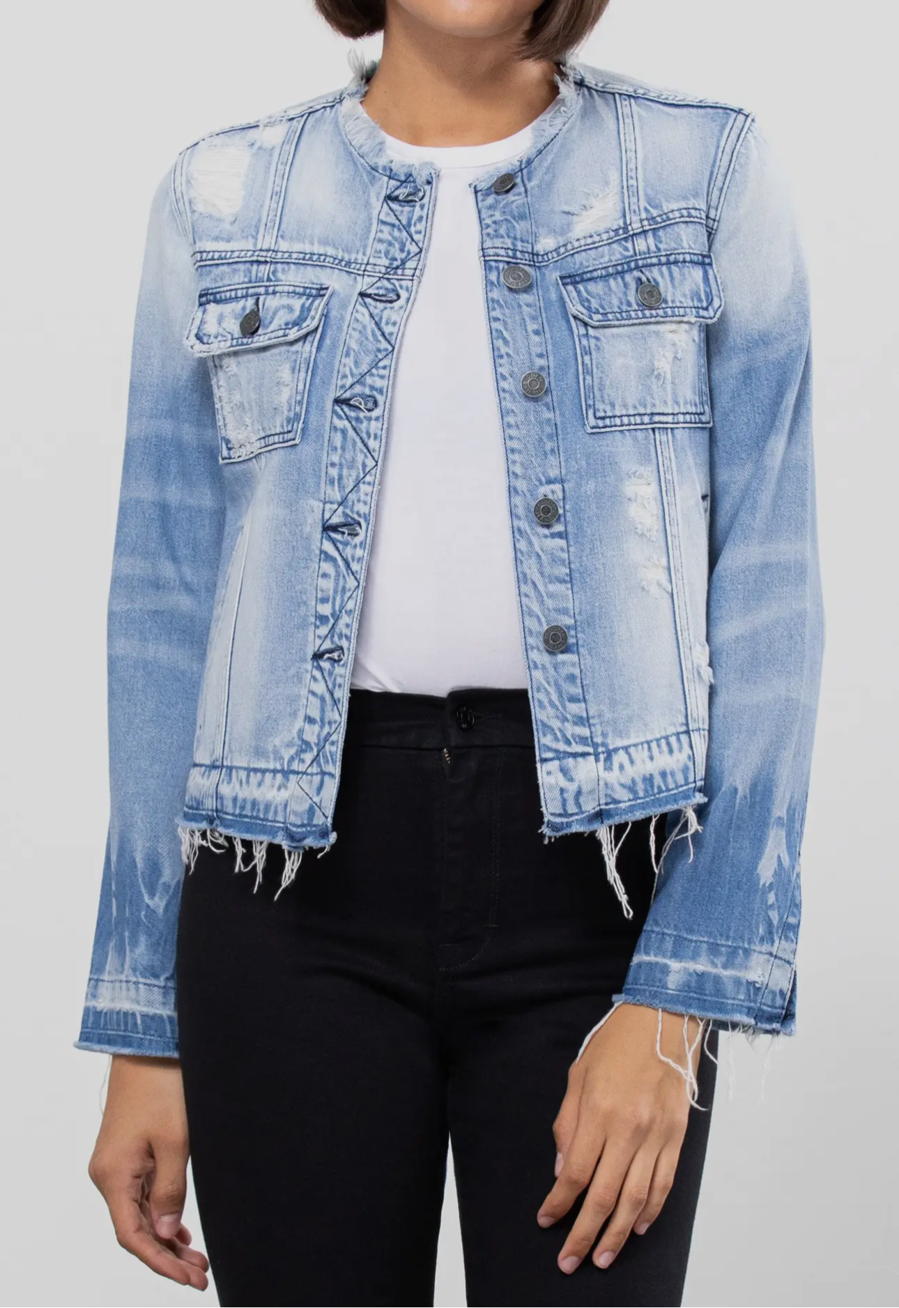 Collarless Denim Jacket w 3/4 Sleeve