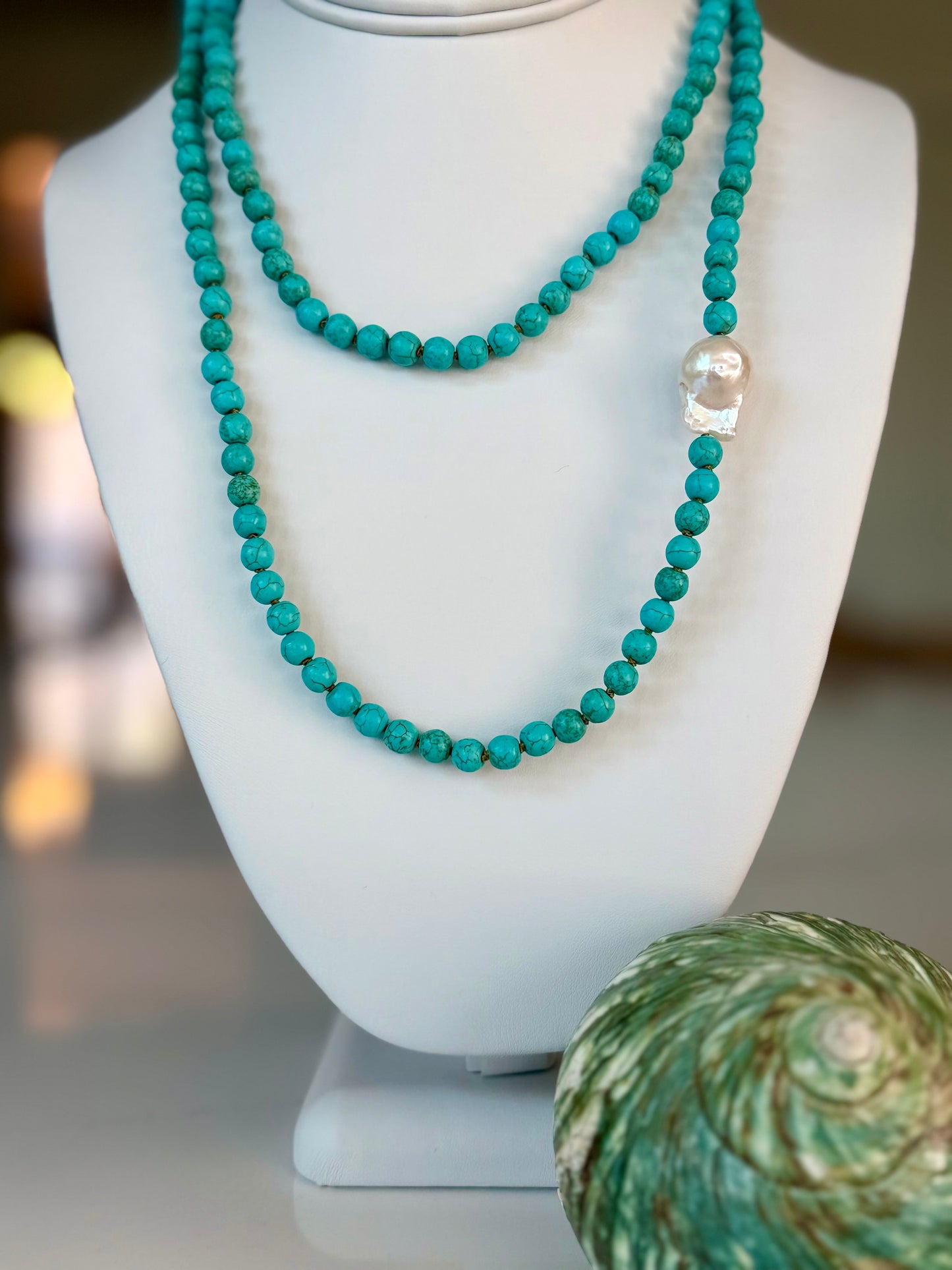 Turquoise Bead w Baroque Pearl Wrap Necklace