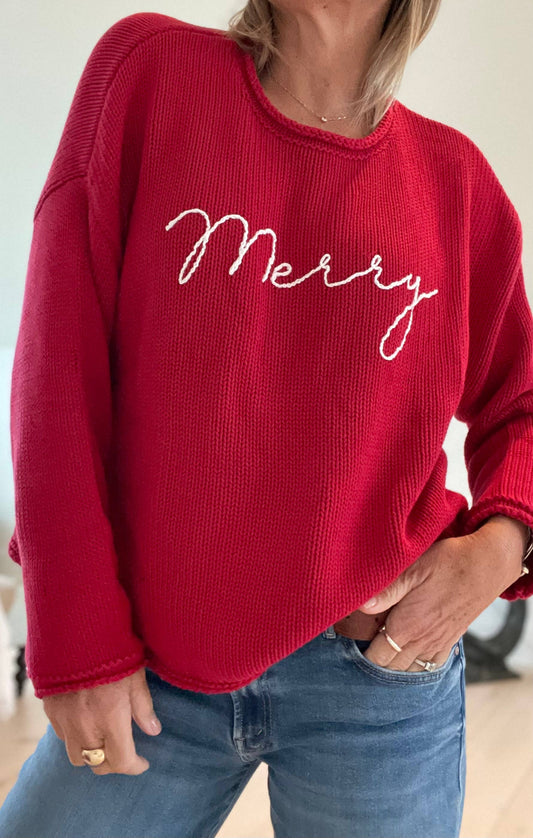 Merry embroidered Rollneck  Holiday/Christmas Red Sweater 