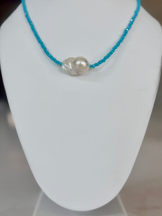 Icy Blue Crystal w Baroque Pearl Necklace