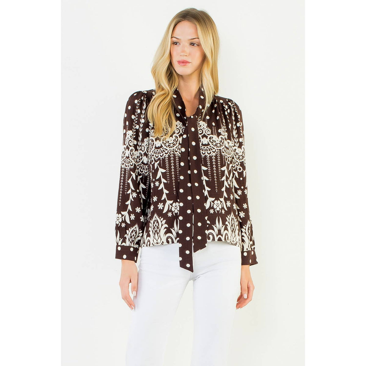 Tie Neck Long Sleeve Pattern Detail Top
