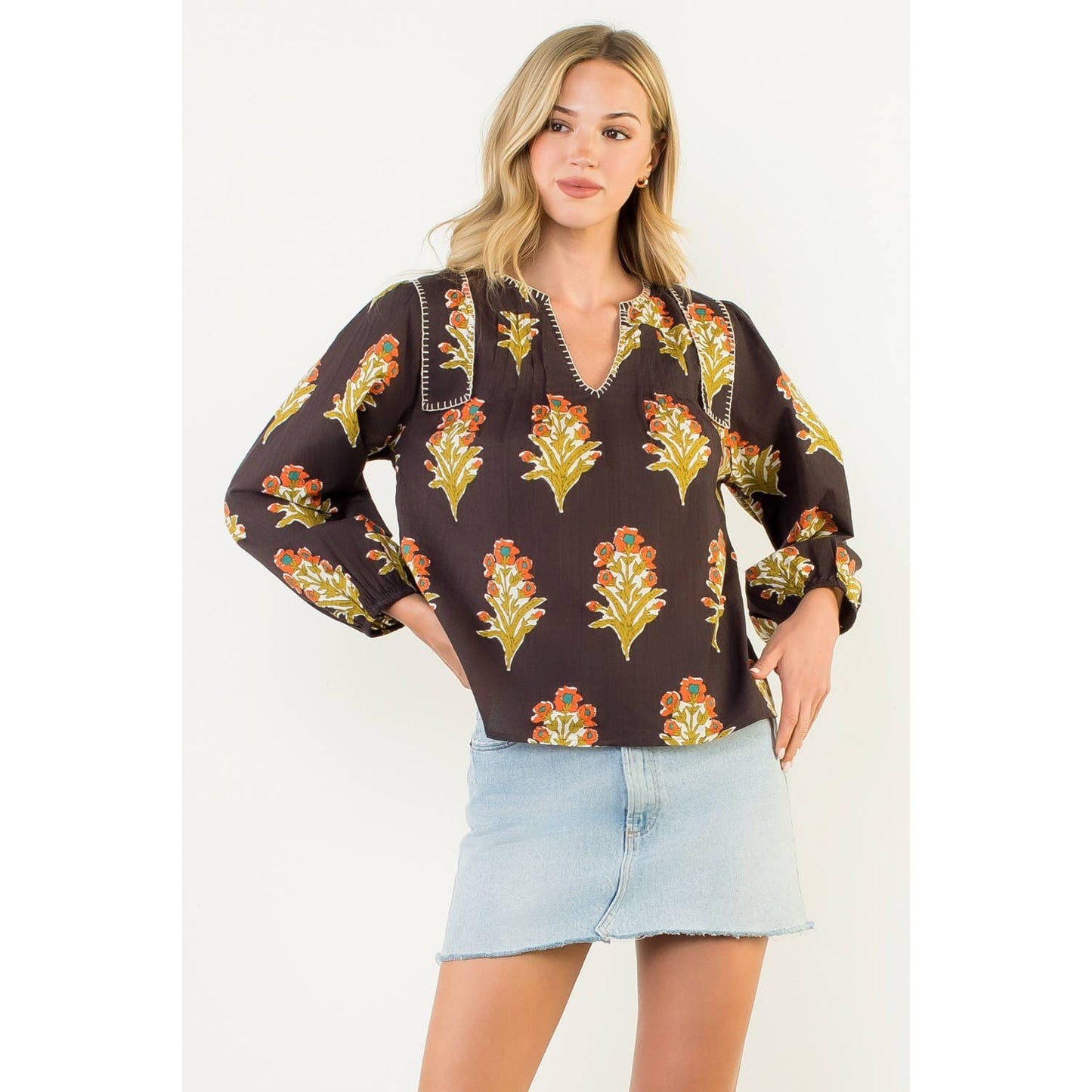 Long Sleeve Floral Detail V-Neck Top