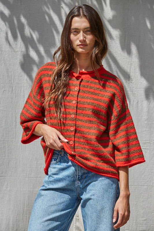 Knit Sweater Striped Quarter Sleeve Cardigan