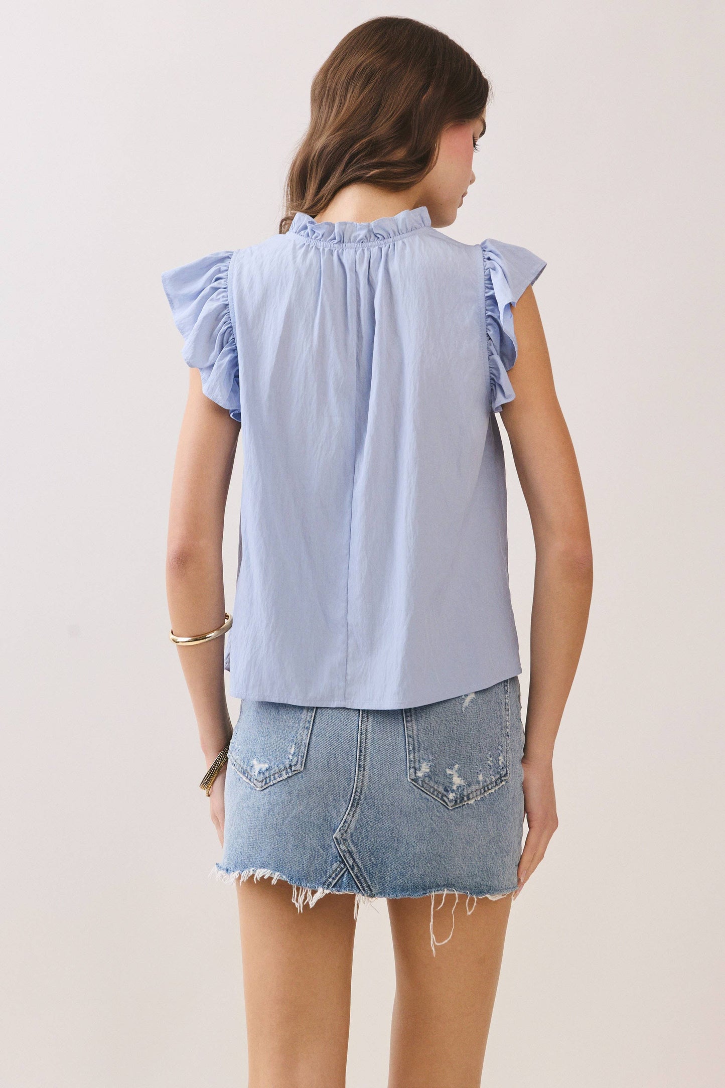 Soft Ruffled Mock Neck Top with V-Notch Detail