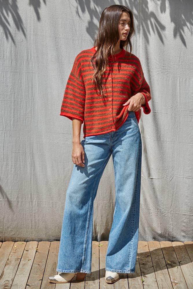 Knit Sweater Striped Quarter Sleeve Cardigan