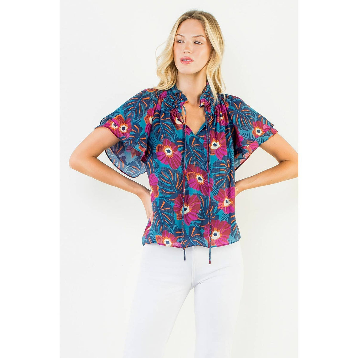 Fluttered Floral Tie Front Top