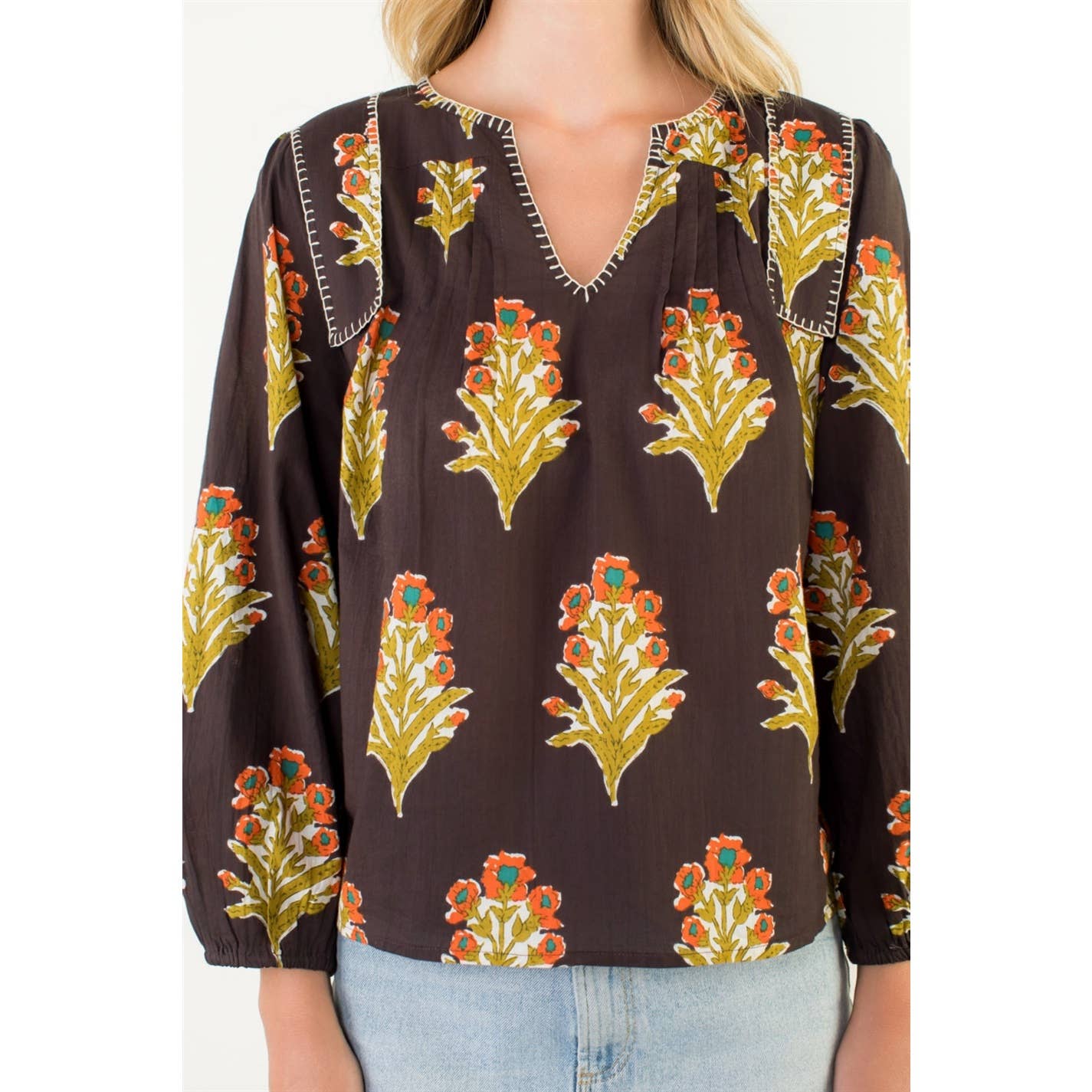 Long Sleeve Floral Detail V-Neck Top