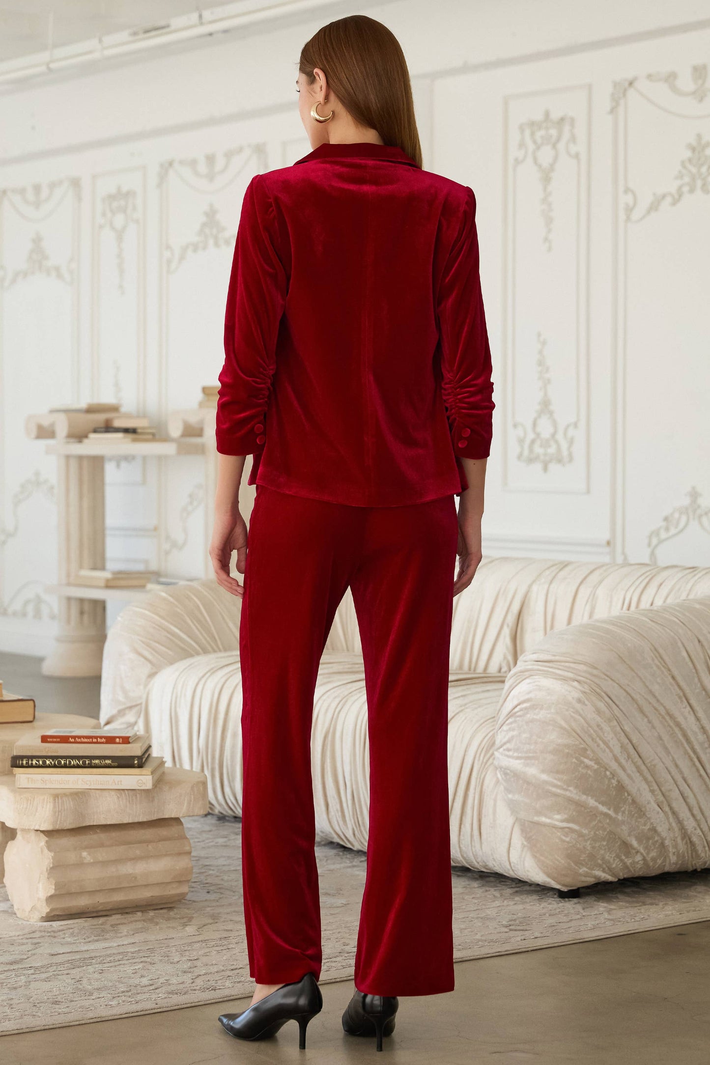 Velvet Blazer with Ruched Sleeves