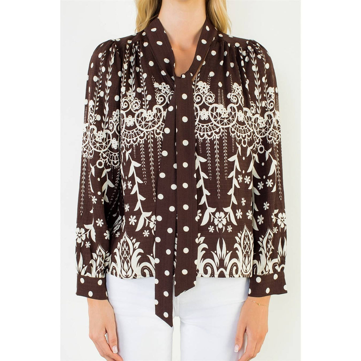 Tie Neck Long Sleeve Pattern Detail Top
