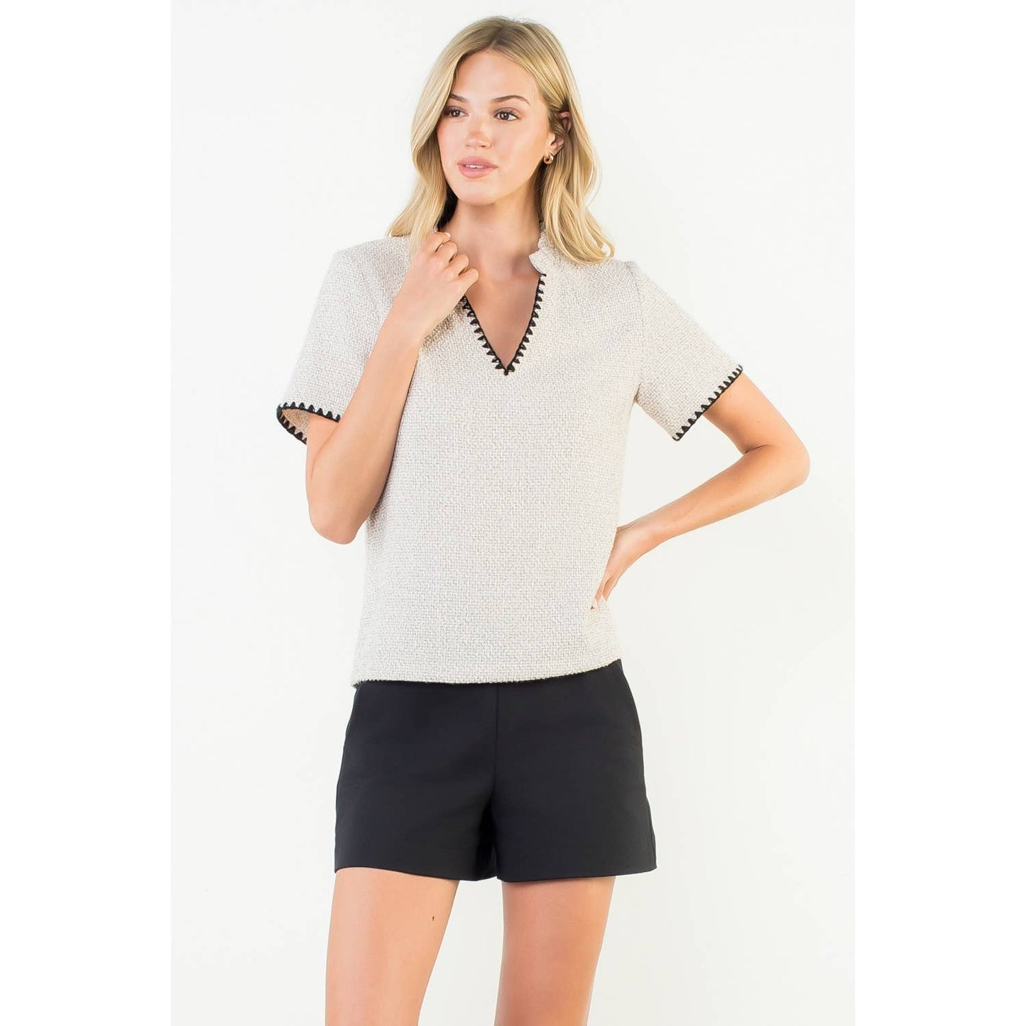 Tweed Short Sleeve Top with Trim