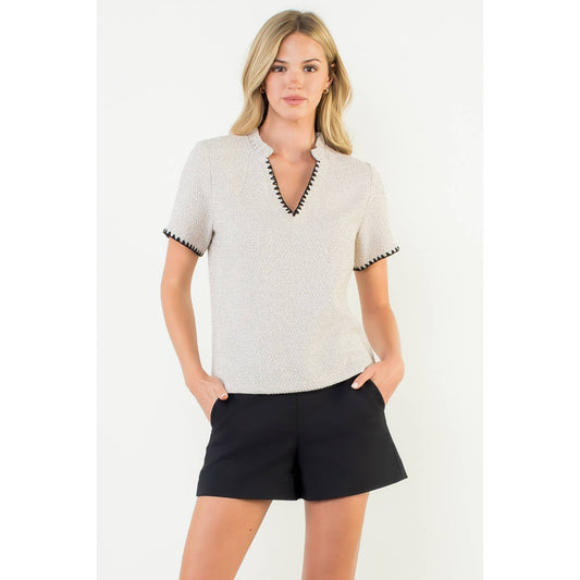 Tweed Short Sleeve Top with Trim