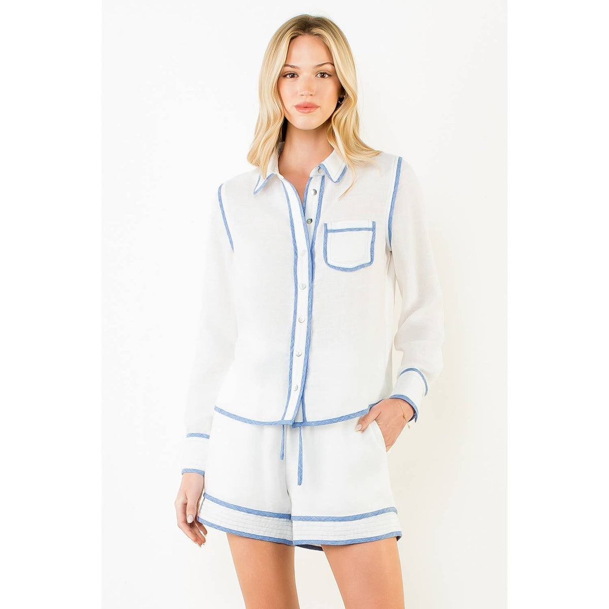 Long Sleeve Contrast Trim Button Up Top