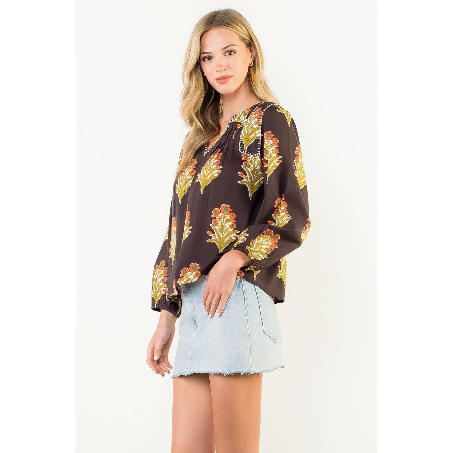 Long Sleeve Floral Detail V-Neck Top