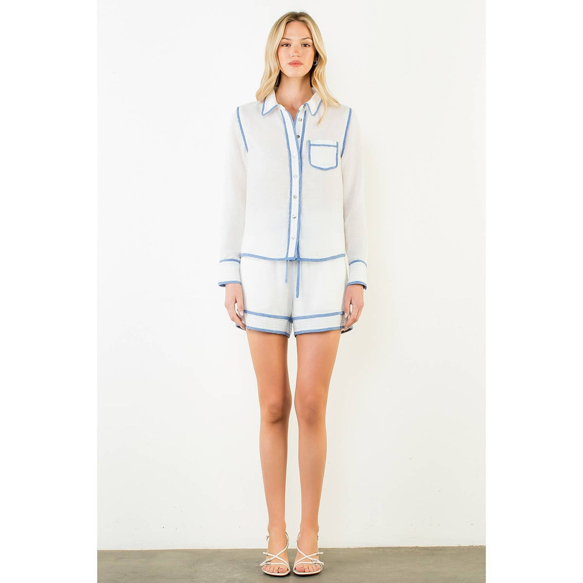 Long Sleeve Contrast Trim Button Up Top