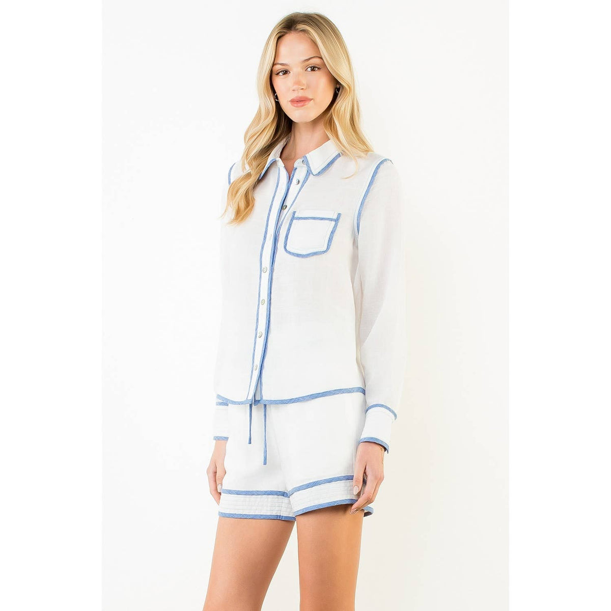 Long Sleeve Contrast Trim Button Up Top