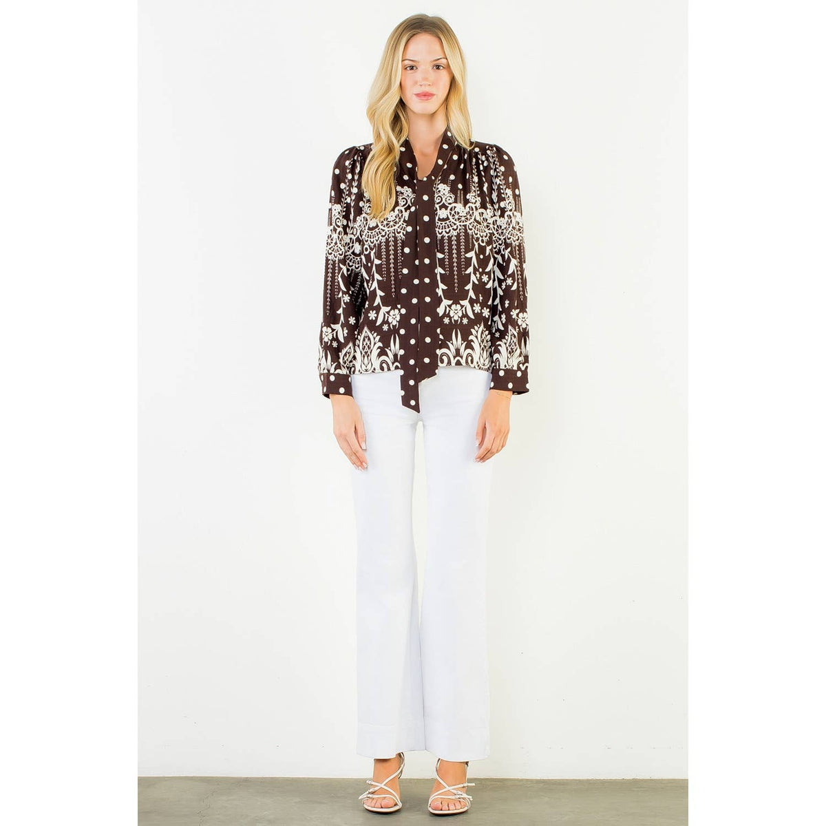 Tie Neck Long Sleeve Pattern Detail Top
