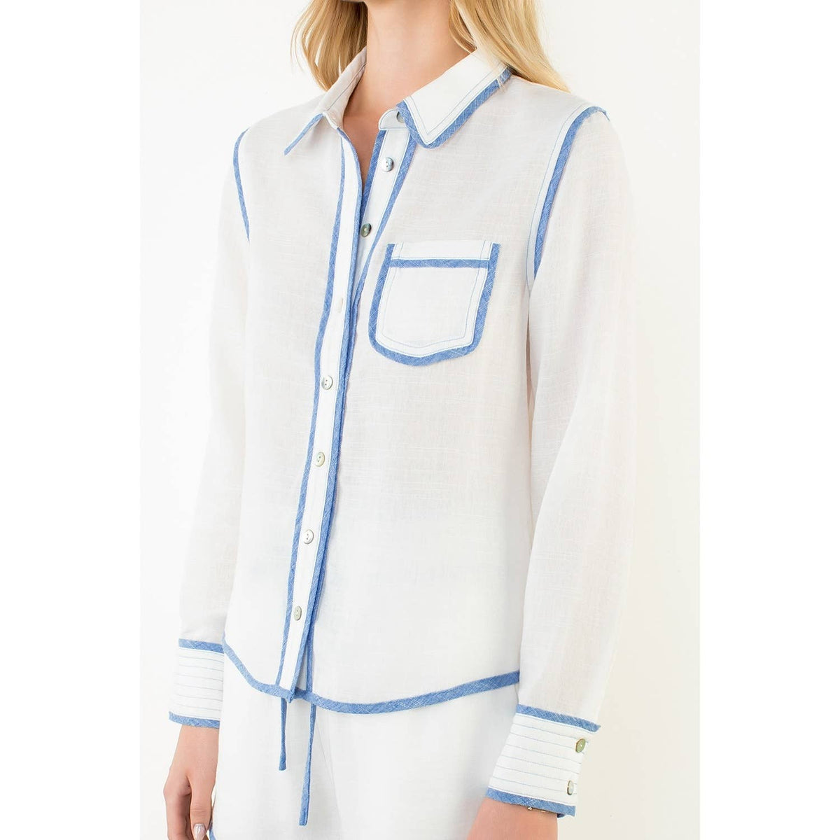 Long Sleeve Contrast Trim Button Up Top
