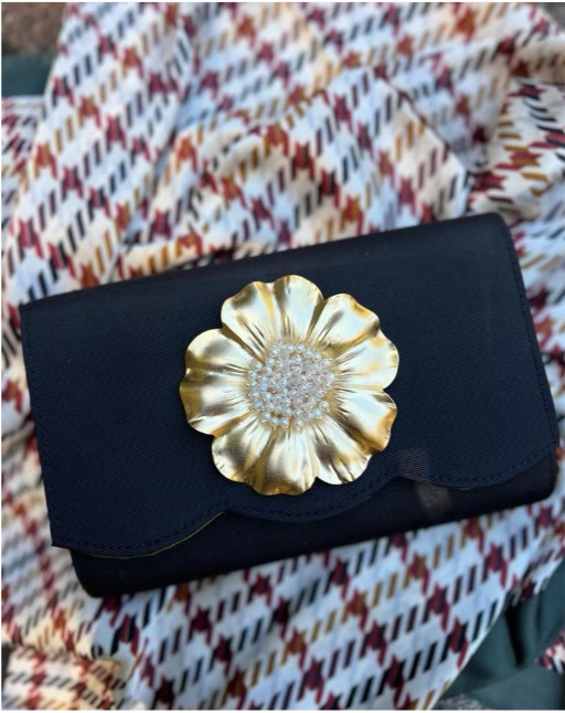 Rosette w Pearls Black Satin Clutch