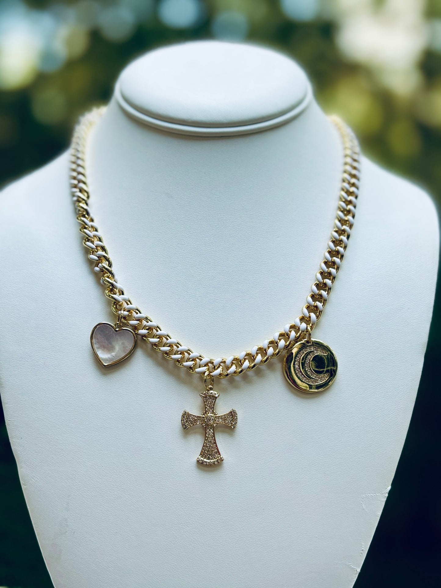 White Enamel & Gold Chain Necklace w Charms