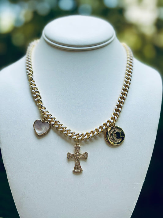 White Enamel & Gold Chain Necklace w Charms