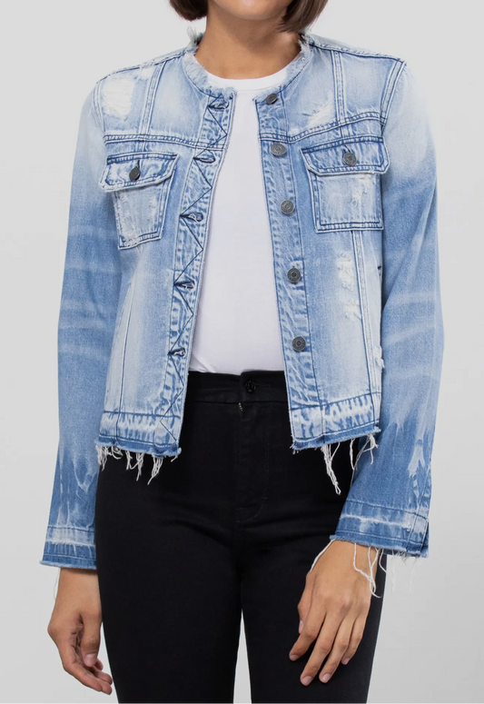 Collarless Denim Jacket w 3/4 Sleeve
