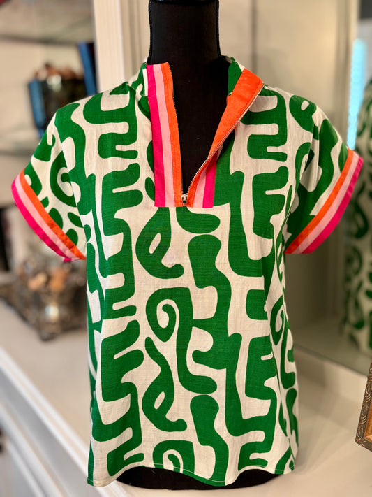 Green Abstract Print w Cap Sleeve Top