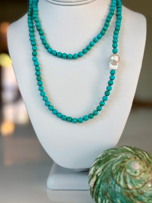 Turquoise Bead w Baroque Pearl Wrap Necklace