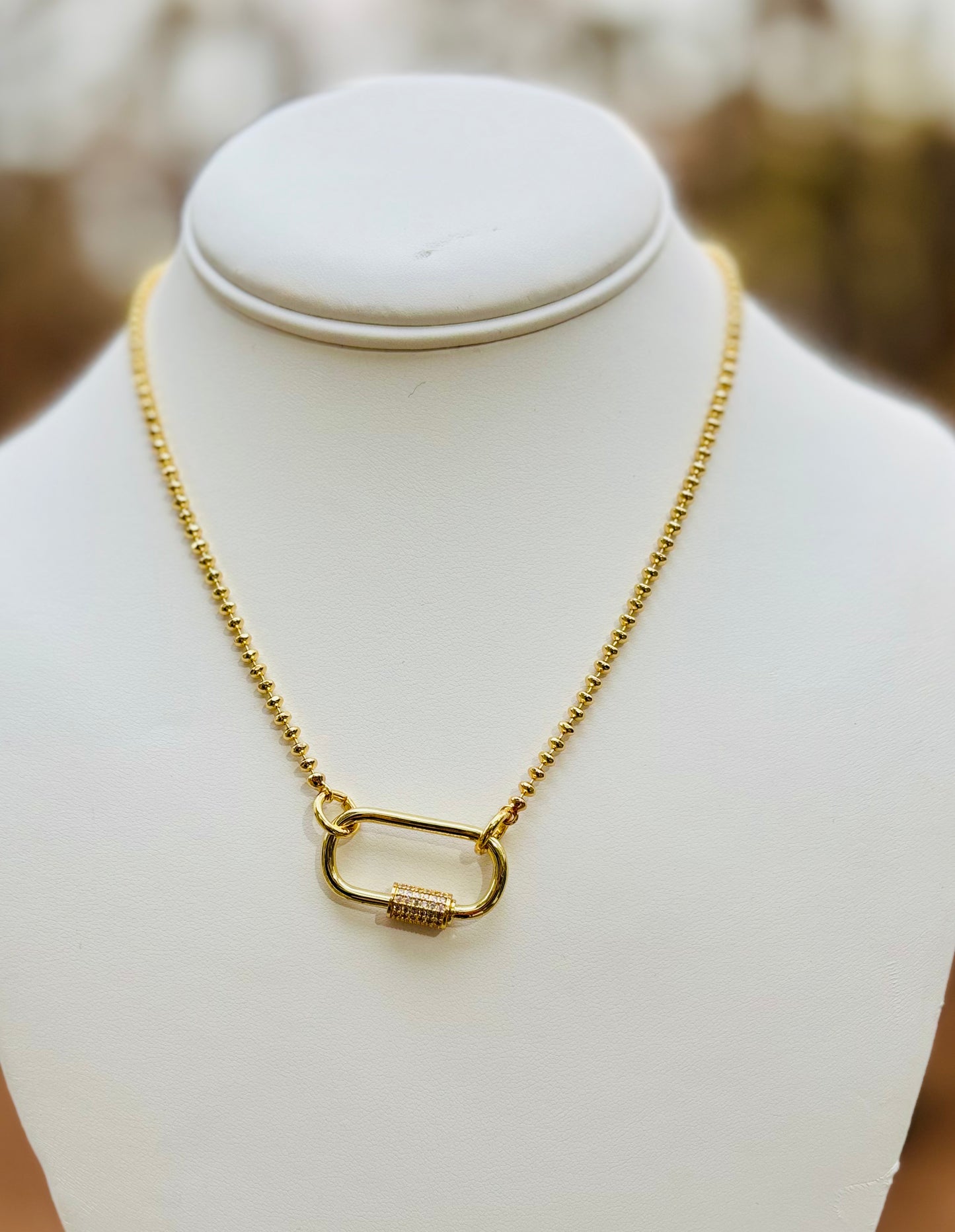 Gold bead necklace w Carabiner