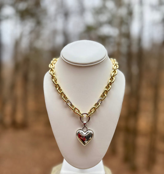 Gold & Silver Necklace w Silver Heart Charm