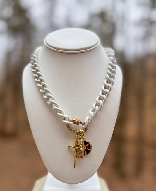 Chunk White Enamel Necklace w Charms