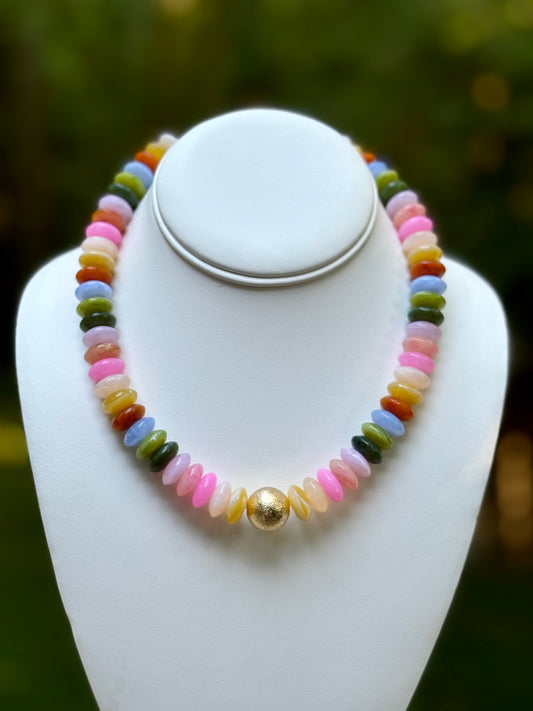 Multi Color Rondelle necklace with Brushed Gold Ball