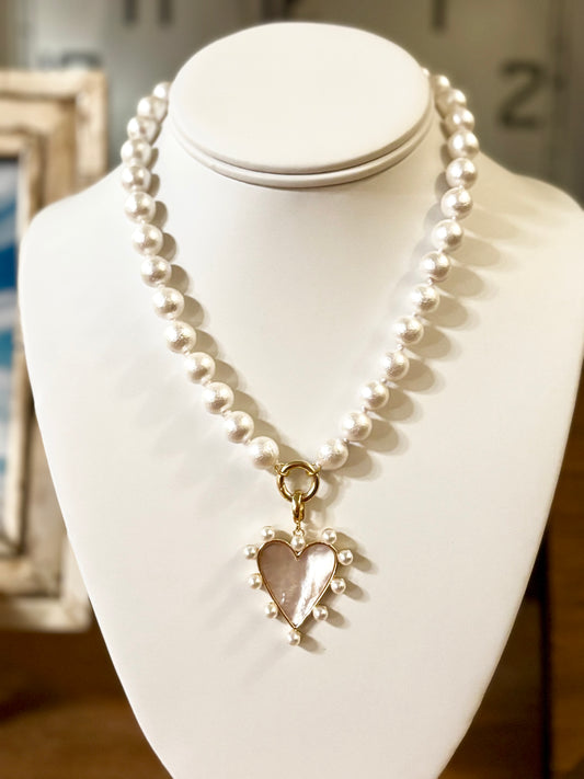 Pearl Necklace w Mother of Pearl Heart Charm