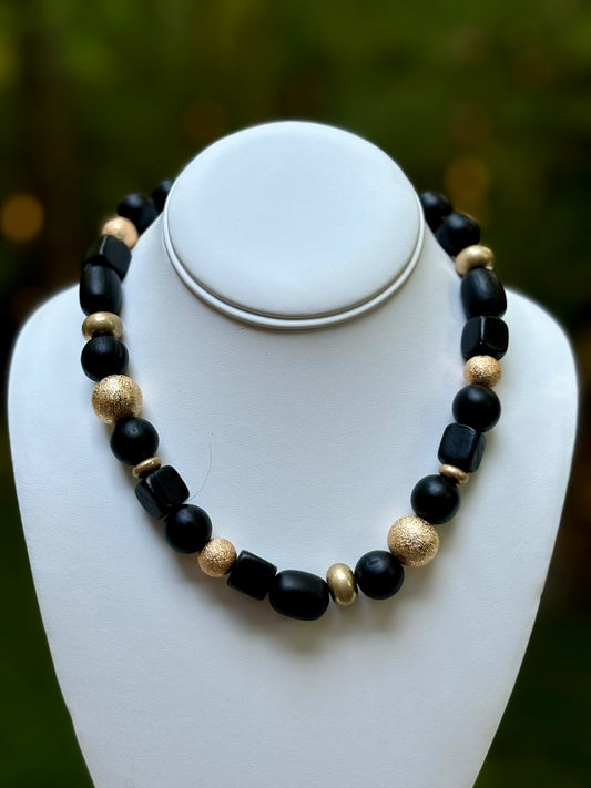 Black & Gold Wood Bead Necklace
