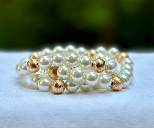 Faux Pearl & Gold Ball Stretch 3 Strand Bracelet