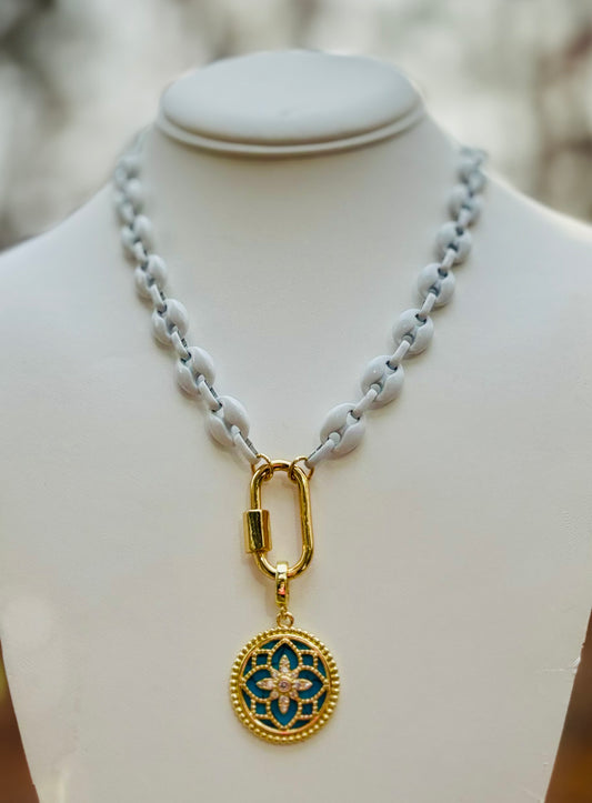 White Enamel w Turquoise Star Charm Necklace
