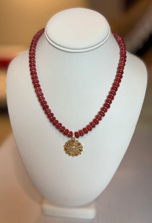 LNB cranberry necklace w gold circle charm