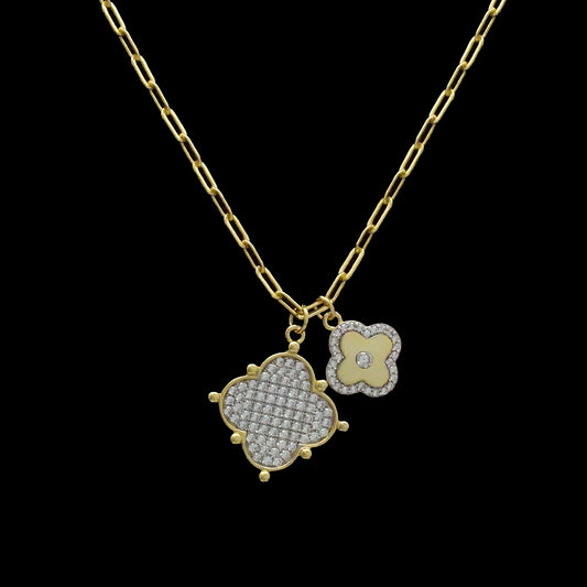 Gold & Silver Necklace w/ Flower Pave Charms