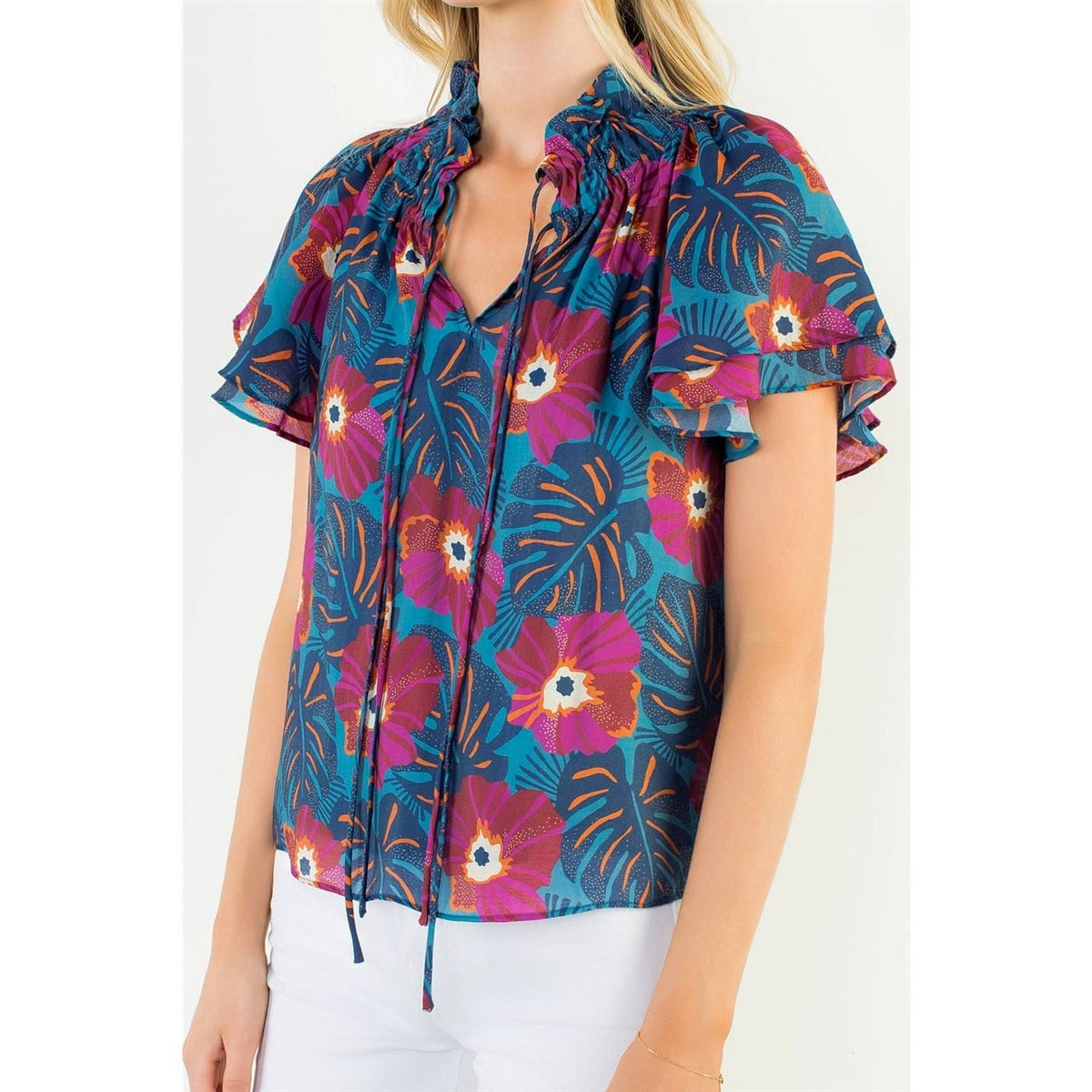 Fluttered Floral Tie Front Top