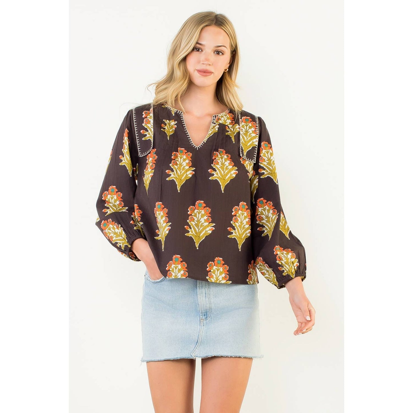 Long Sleeve Floral Detail V-Neck Top