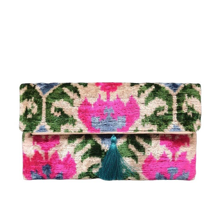 Silk Velvet Ikat Clutch - Green & Pink