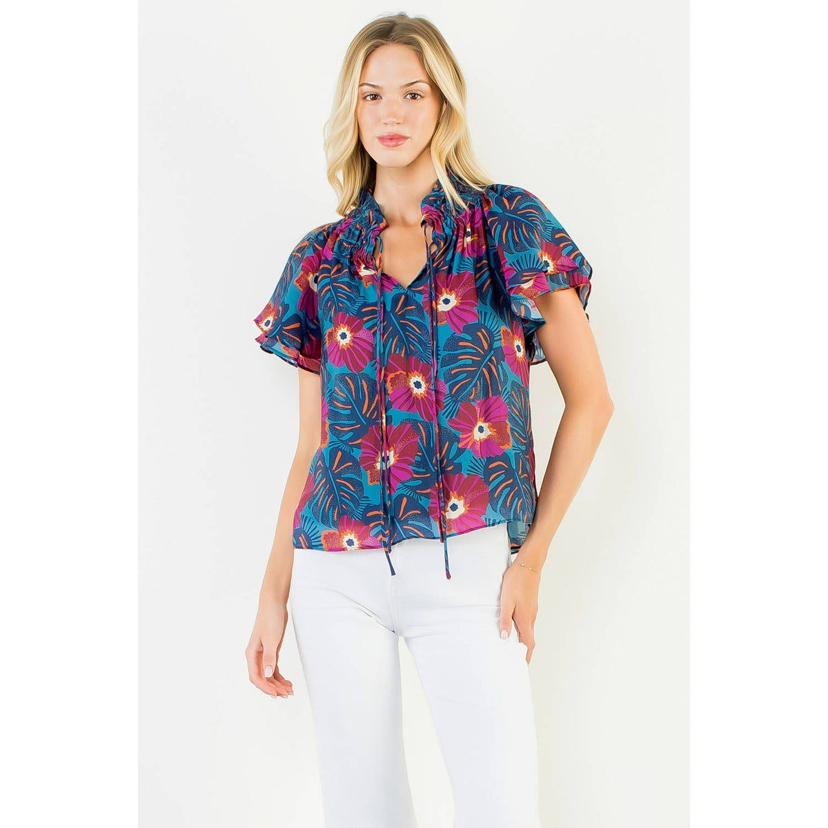 Fluttered Floral Tie Front Top