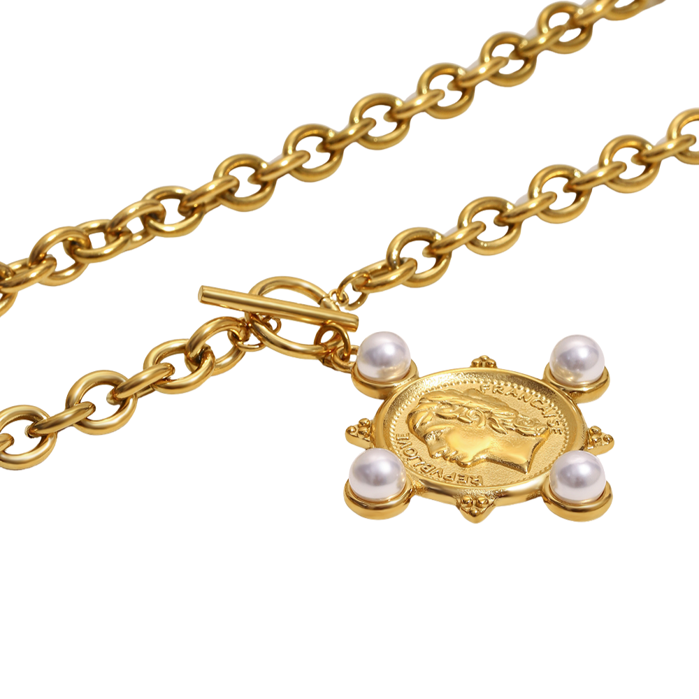 Coin & Pearl Medallion Necklace - Stainless Steel