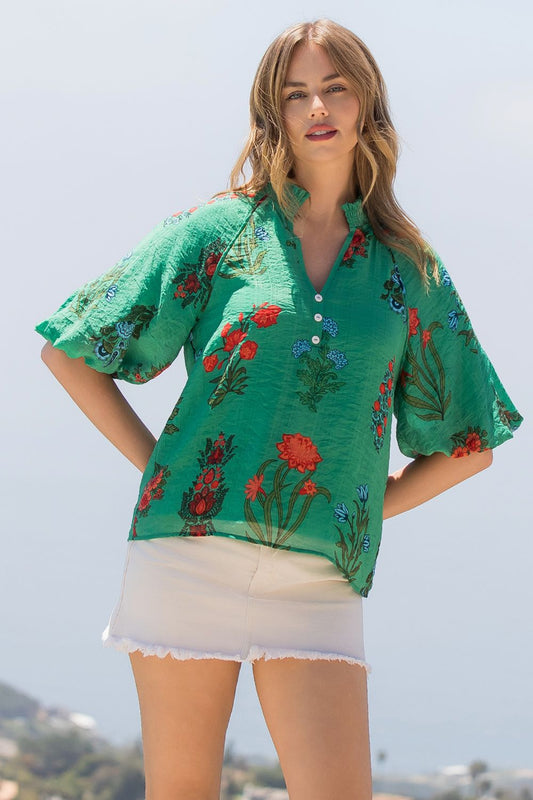 Puff Sleeve Emerald Green Flower Print Top