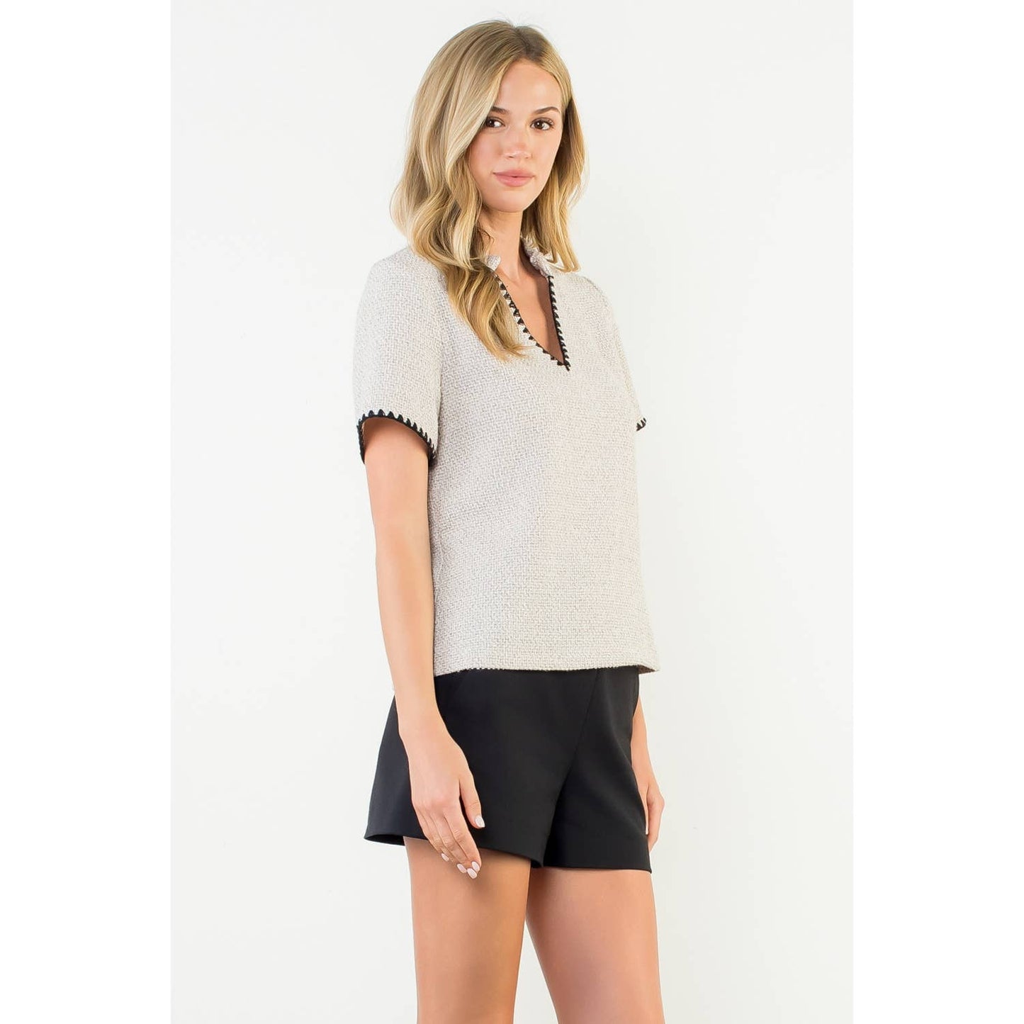 Tweed Short Sleeve Top with Trim
