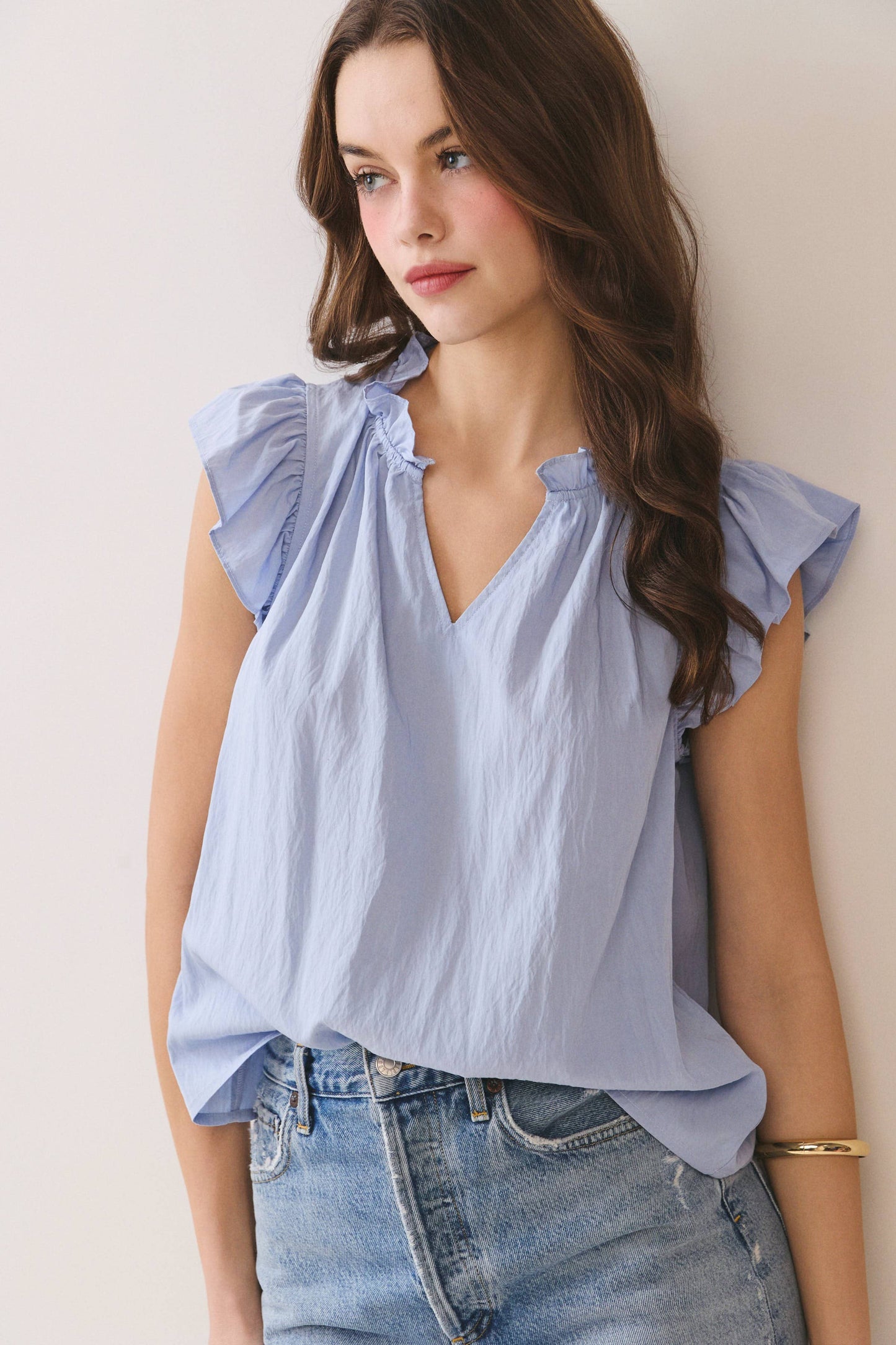 Soft Ruffled Mock Neck Top with V-Notch Detail
