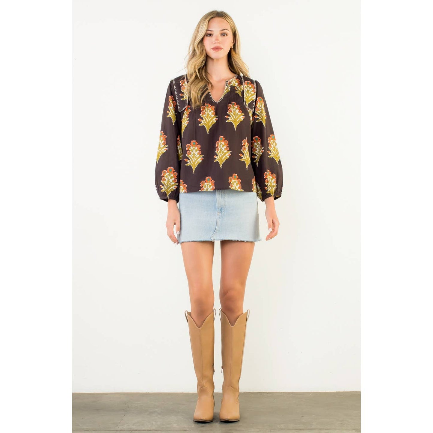 Long Sleeve Floral Detail V-Neck Top