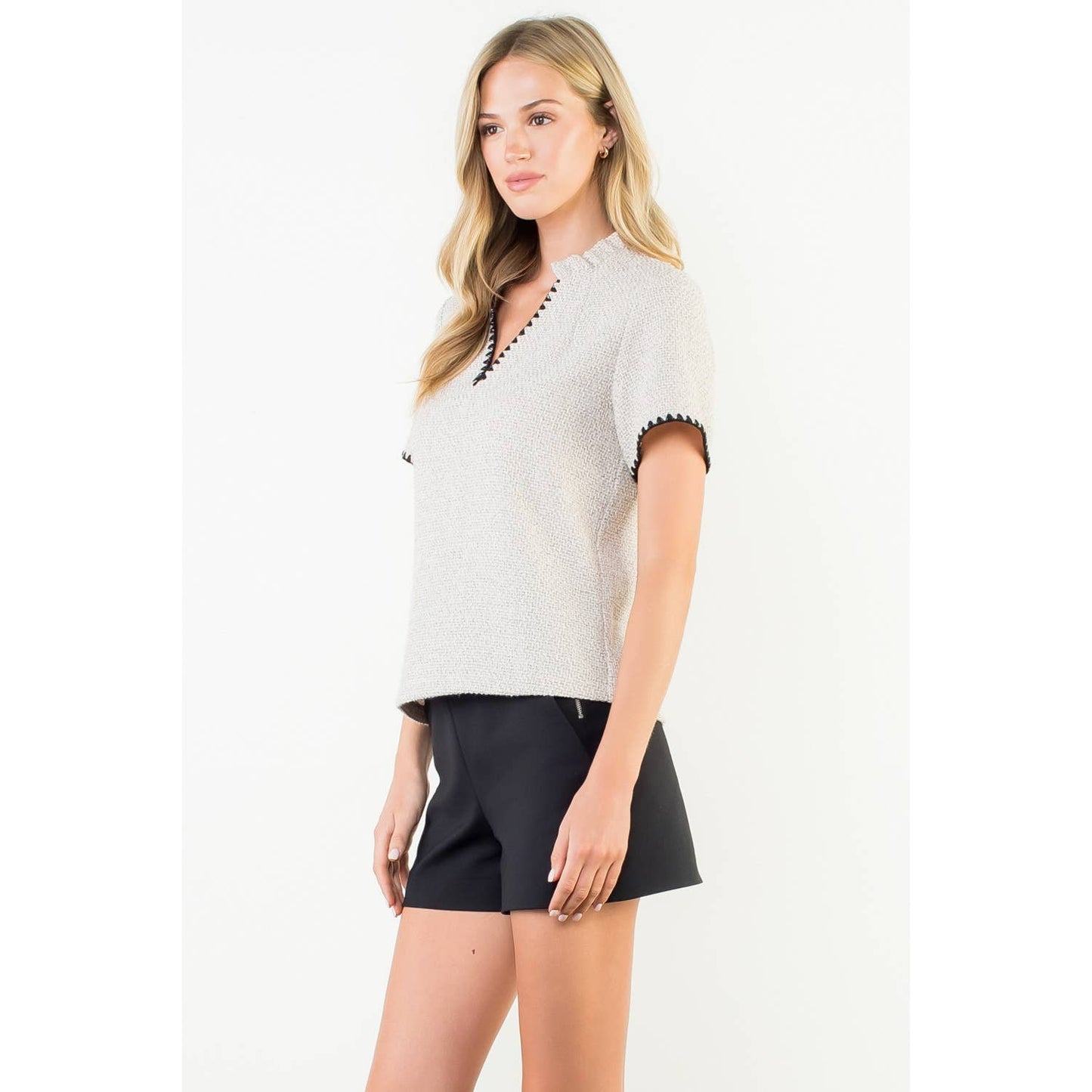 Tweed Short Sleeve Top with Trim